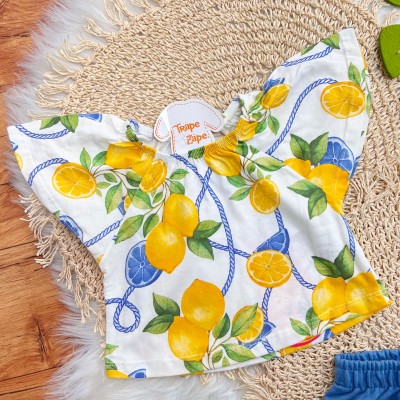 Conj. Batinha Limões e Short com Pompom - Off White e Amarelo